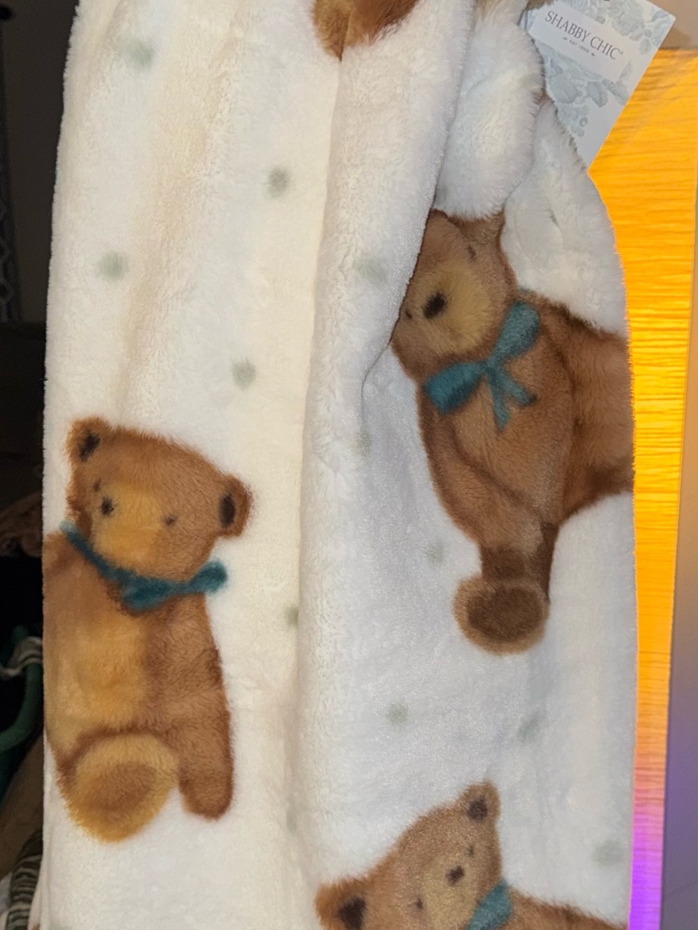 Shabby Chic Cream Plush Throw with Brown Teddy Bears and Teal Bows